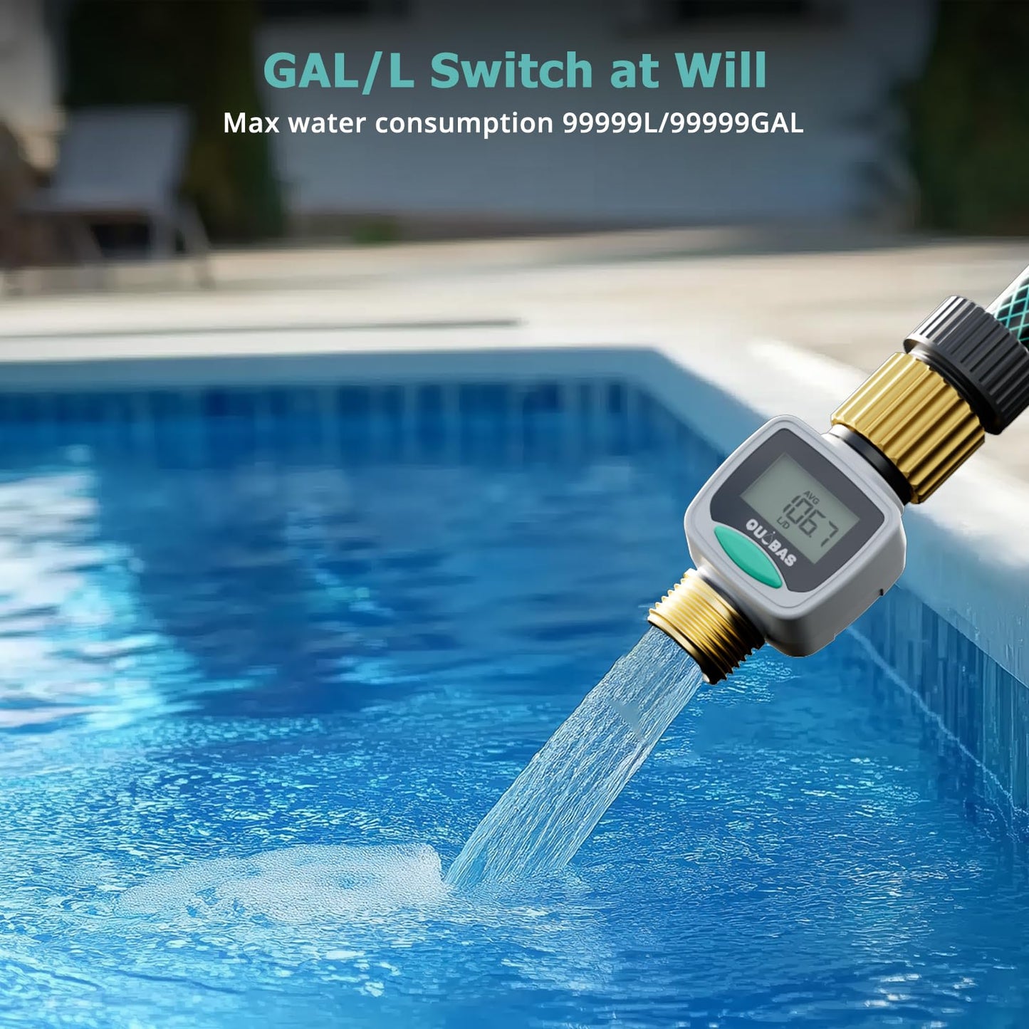 QUOBAS 3 Pack Water Flow Meter with Brass Fittings, Easy-Install Garden Hose Flow Meter for RV, Outdoor Plants, Lawn & Pool, Waterproof Screen, Tracks Gallon/Liter Usage, 4 Modes