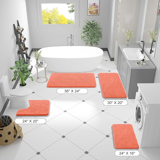 OLANLY Bathroom Runner Rugs 47x17, Extra Soft Absorbent Chenille Bath Rugs, Rubber Backing Quick Dry, Machine Washable Long Bath Mats for Bathroom Floor, Tub and Shower, Home Decor Accessories, Coral