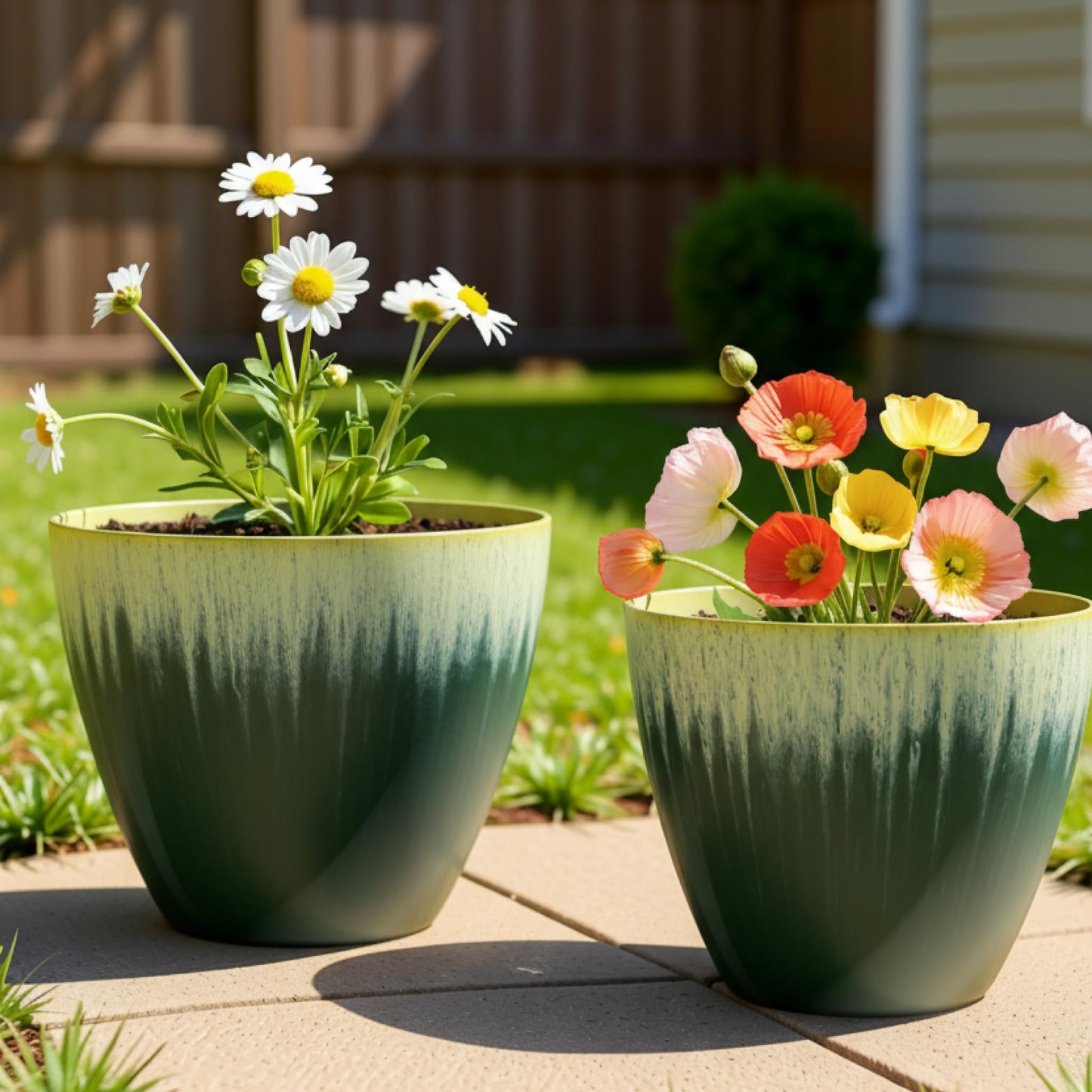 LESOASIS 8 inch Plant Pots with Drainage Holes, Pack of 4 Plastic Flower Pots Indoor, Modern Glossy Finishing Planter for Indoor Outdoor Plants (Green Glaze, 4 Pack)