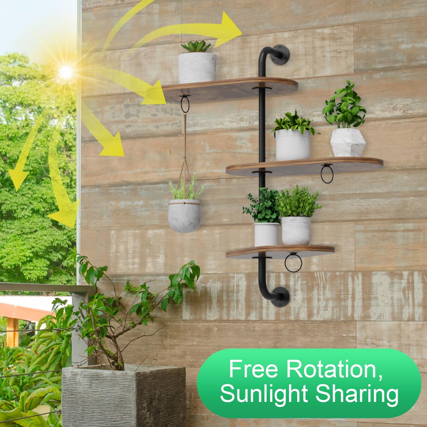 Rotating Window Plant Shelves with 3 Anti-slip Mats, 3 Tier Plant Stand Indoor Outdoor, Wooden Window Plant Shelf with 3 Circle Hook, Hanging Plant Holder for Window, Potted Plants, Flowerpots (Antique Color, 3 Tier)