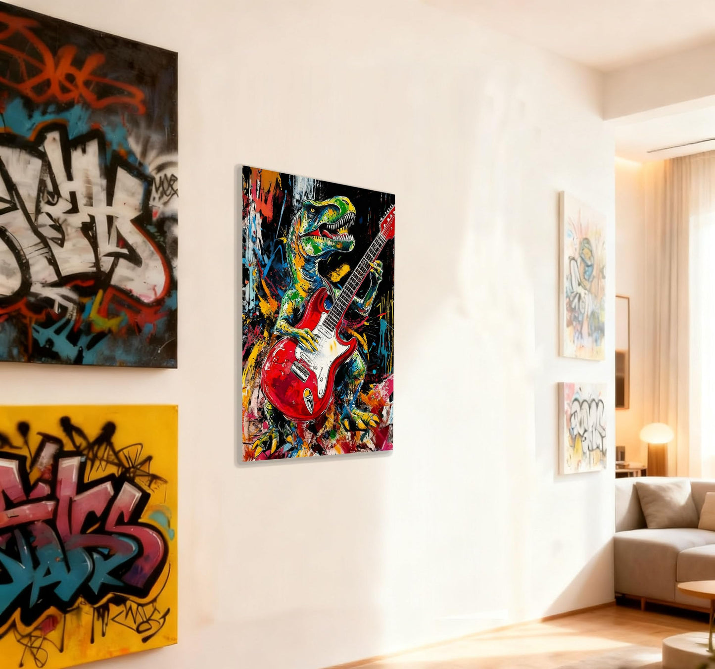 16x24 Graffiti Guitar T-Rex Wall Art Modern Rock Picture Framed Canvas Gallery Pop Prints Cartoon Home Office Decor DJ Dinosaur Urban Posters Funny Bedroom Living Room Kids Nursey Teen Boys Men