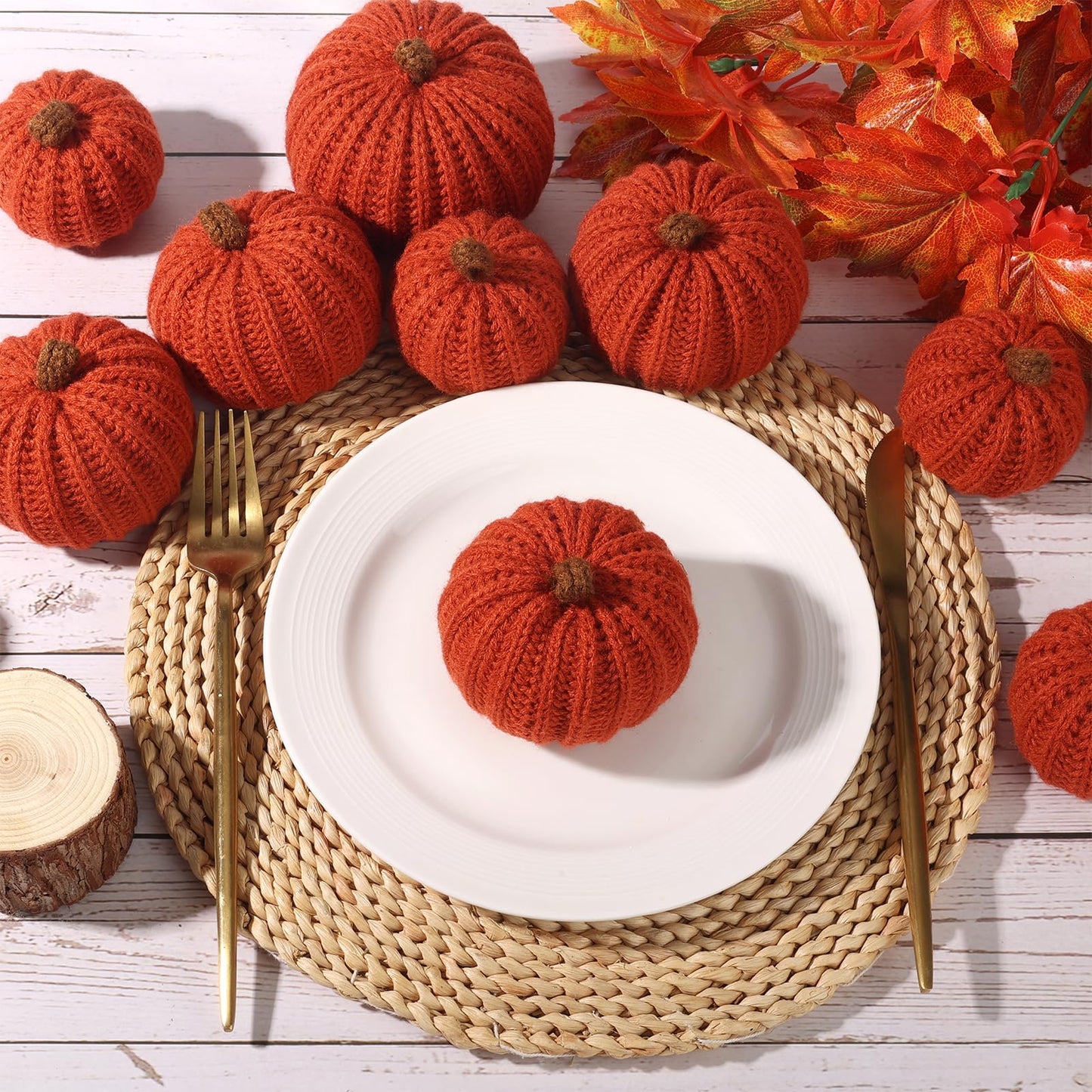 12-Pack Fall Crochet Pumpkins Handmade Fall Decor Set with 2.36, 3.15, 4inch Sizes Knit Pumpkins Farmhouse Thanksgiving Table Centerpiece, Halloween Decorations (Dark Orange)
