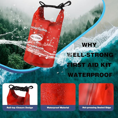 WELL-STRONG Dual Waterproof Boat First Aid Kit, Emergency Marine Kit with Buckles, Compact Boat Safety Accessories for Fishing Kayaking Boating Swimming Camping Rafting Beach Transparent Red