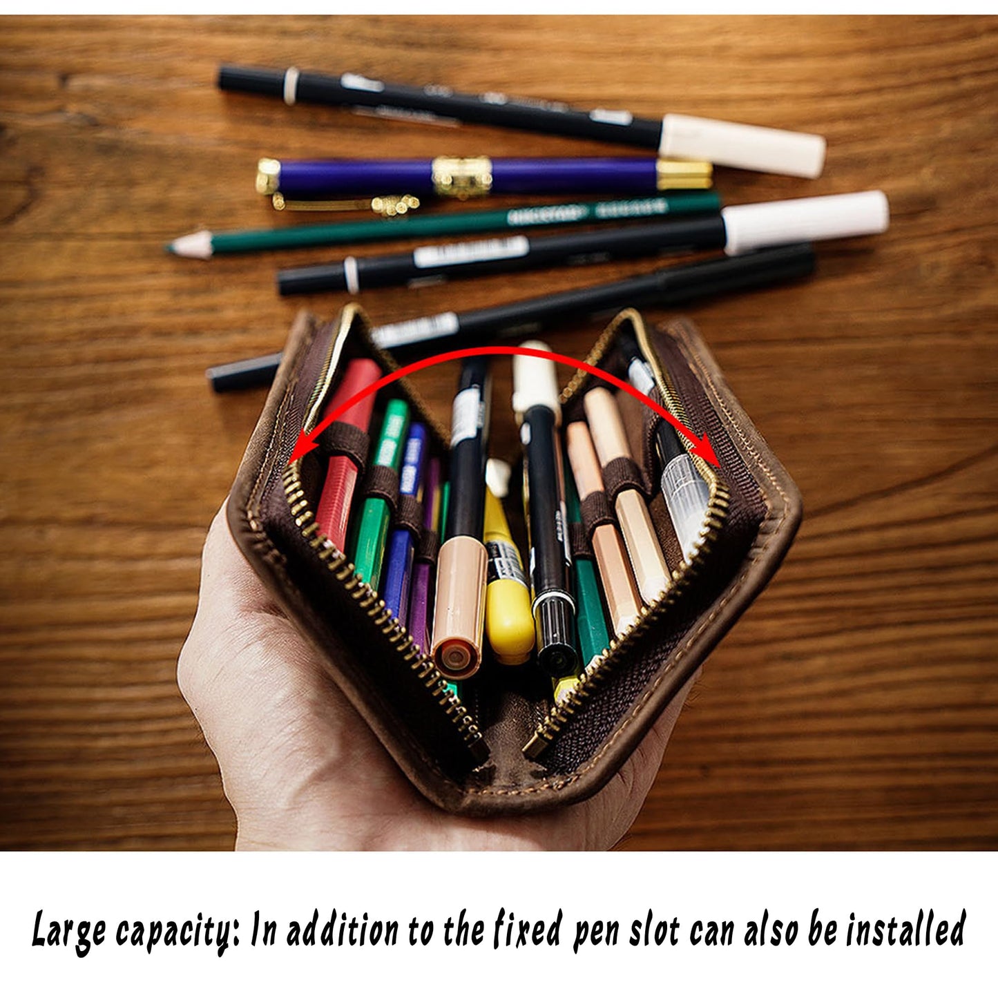 MIVLXLX Leather Pencil Case Organizer, 10 Wooden Pencils Portable Pen Case Storage for Drawing Pencils and Markers (black)