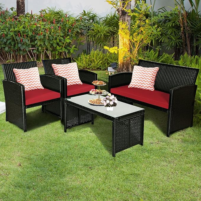 Tangkula Patio Wicker Conversation Furniture Set, Patiojoy Sofa & Table Set w/4