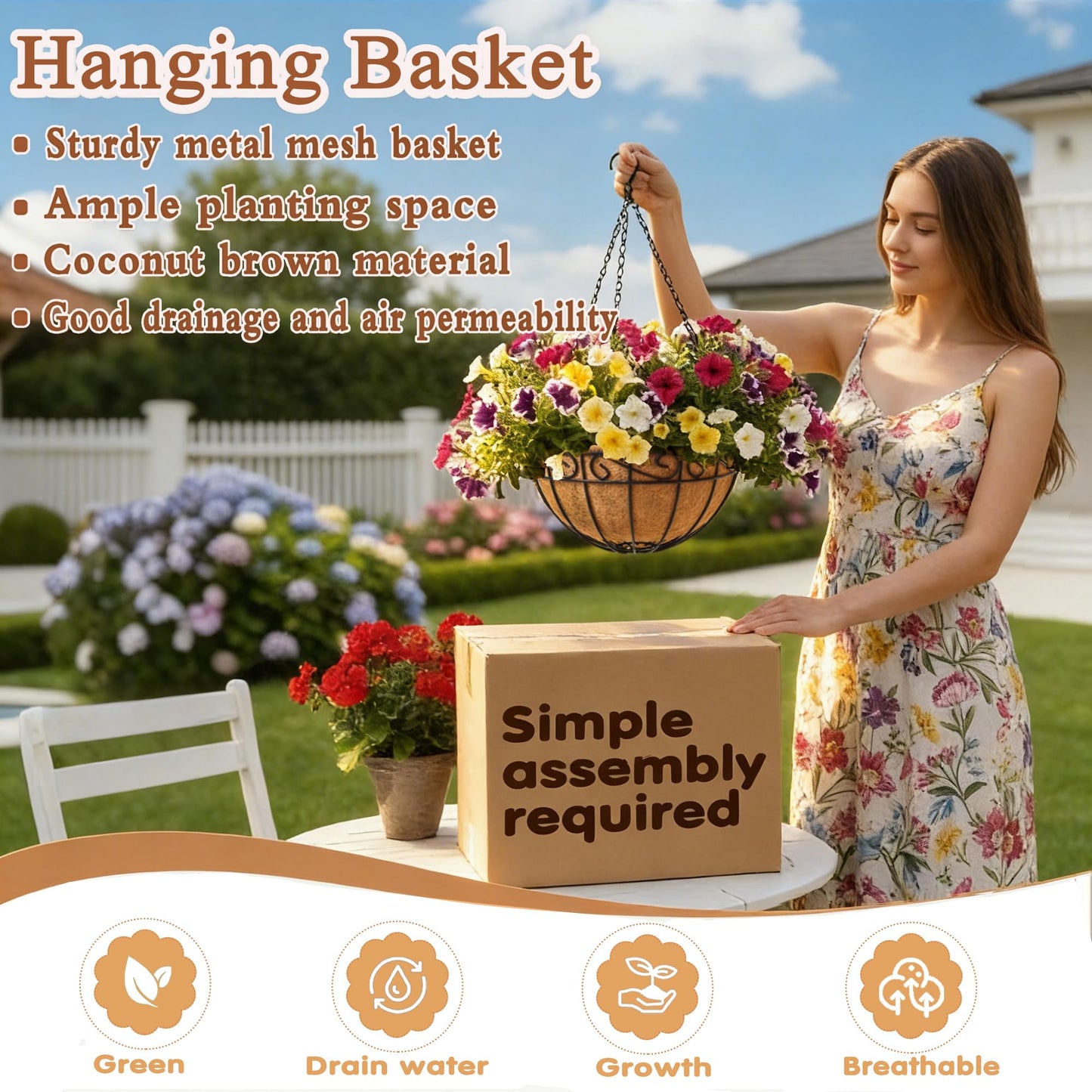 10 inch Metal Hanging Baskets For Plants Outdoor 4 Pack Round Metal Wire Hanging Basket Planter with Coco Fiber Liners Chain Round Wire Plant Holder for Garden, Patio, Deck, Porch Plants Flower Potsss