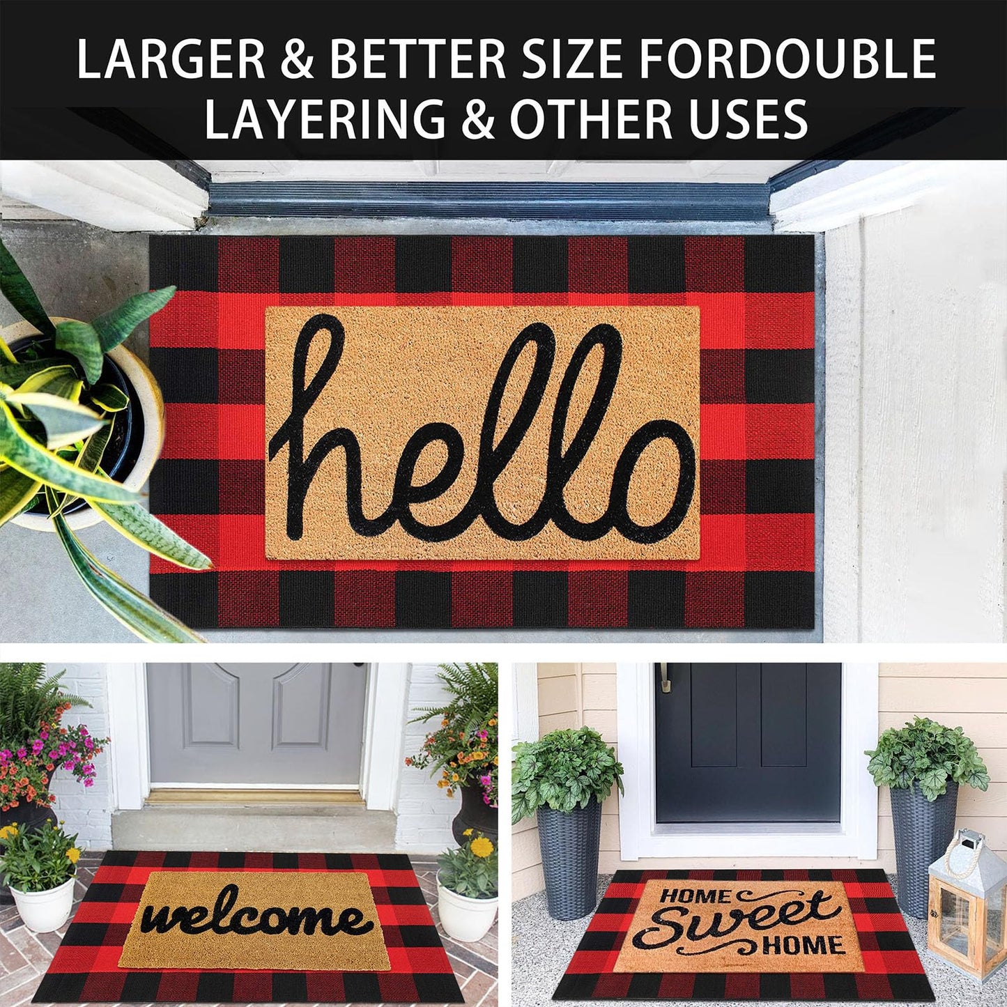 KOZYFLY Buffalo Plaid Rug 27.5x43 Inches Red and Black Checkered Rug Christmas Halloween Fall Door Mat Woven Cotton Washable Area Rugs Door Mat Outdoor Entrance for Front Porch Entryway