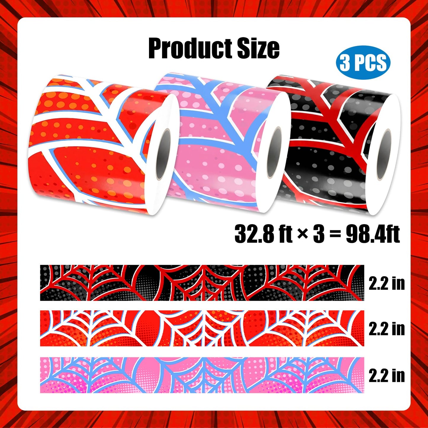 98ft Spider Web Bulletin Board Borders Classroom Bulletin Board Trim Self Adhesive Borders Decorations for Party School Blackboard Chalkboard Desk Wall Decor (Black, Red, Pink)