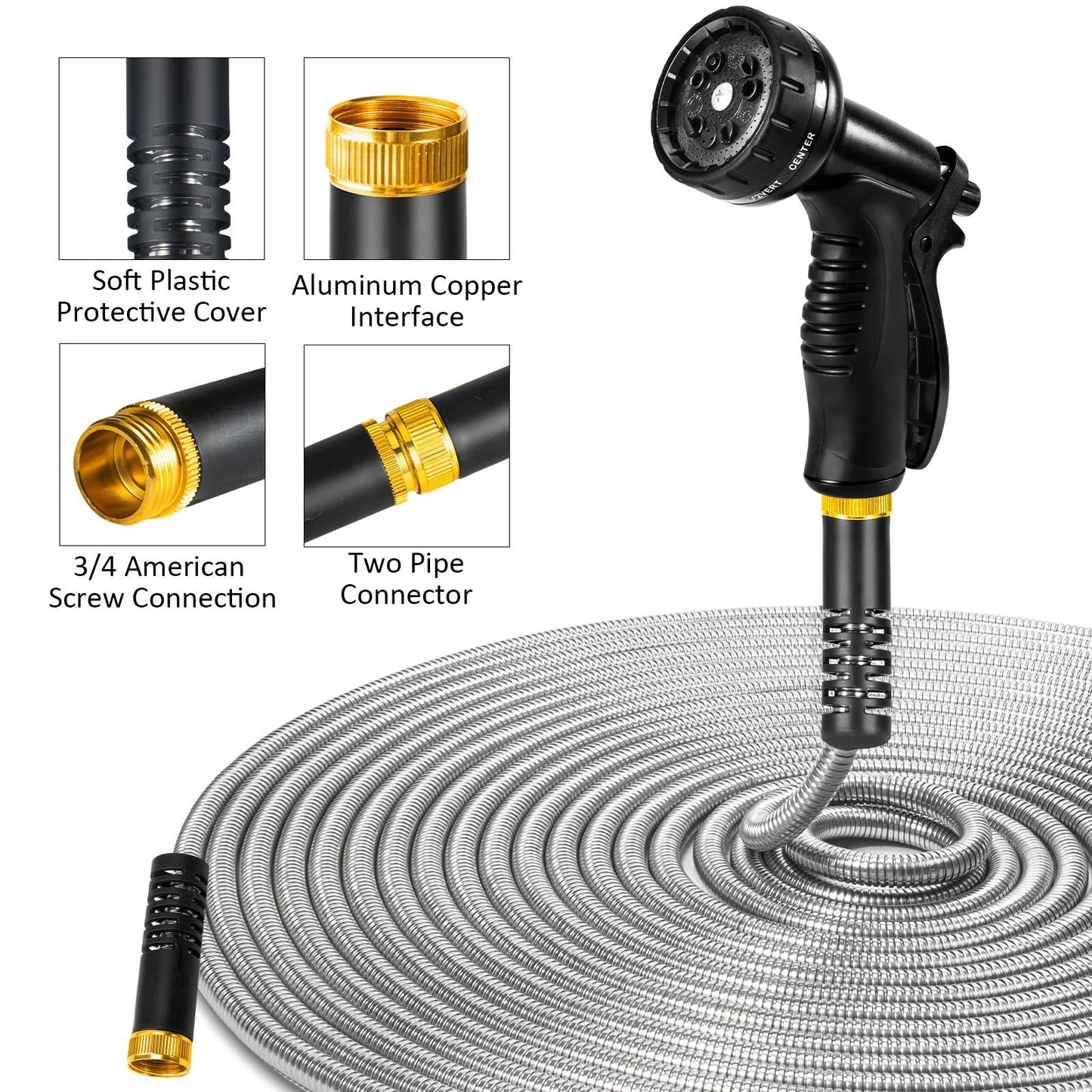 Garden Hose 50 ft, Stainless Steel Water Hose 50ft Heavy Duty with 10 Function Nozzle, Flexible No-Kink Metal Hose 50 Feet, Pet-Proof Water Pipe for Outside Yard