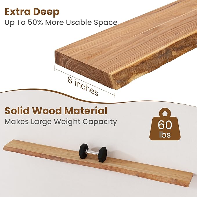 Floating Shelves for Wall Decor, Rustic Solid Elm Wood Live Edge Floating