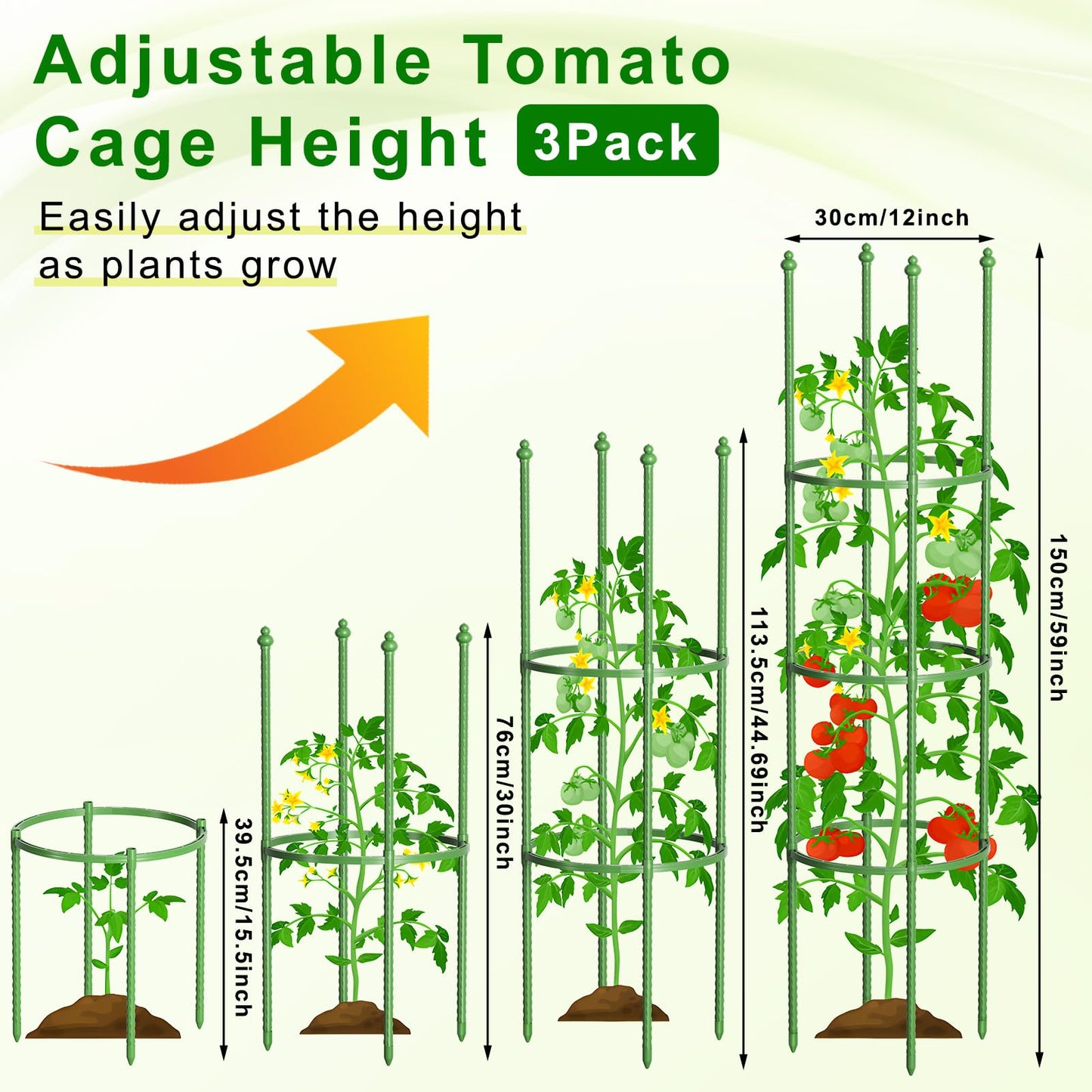 Fabulas Tomato Cage, 59 Inch Adjustable Tomato Plant Support Cages for Garden and Pots, Steel Core Plastic Coated Trellis for Raised Bed Climbing Plants Cucumber Beans Vegetable Flower Fruit, 3 Pack