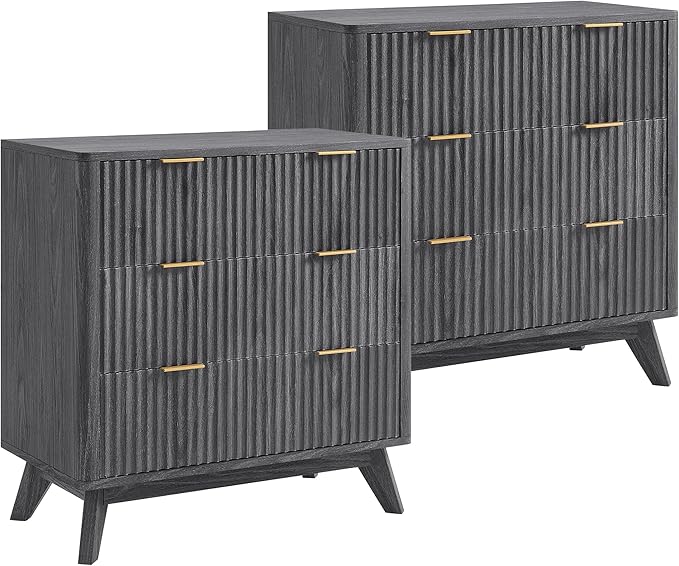 T4TREAM Fluted 3 Drawers Nightstand Set of 2, Oversized Extra Large Modern Side