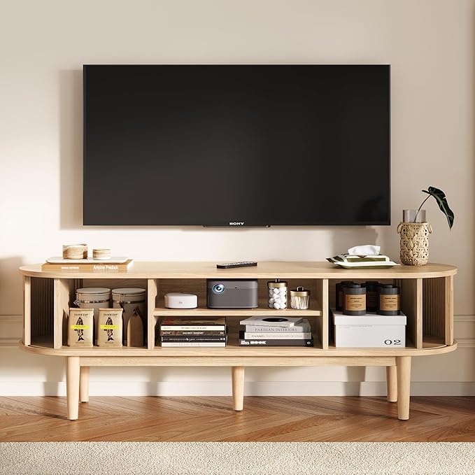LINSY HOME 58" Fluted TV Stand for TVs up to 65 Inch, Mid Century Modern