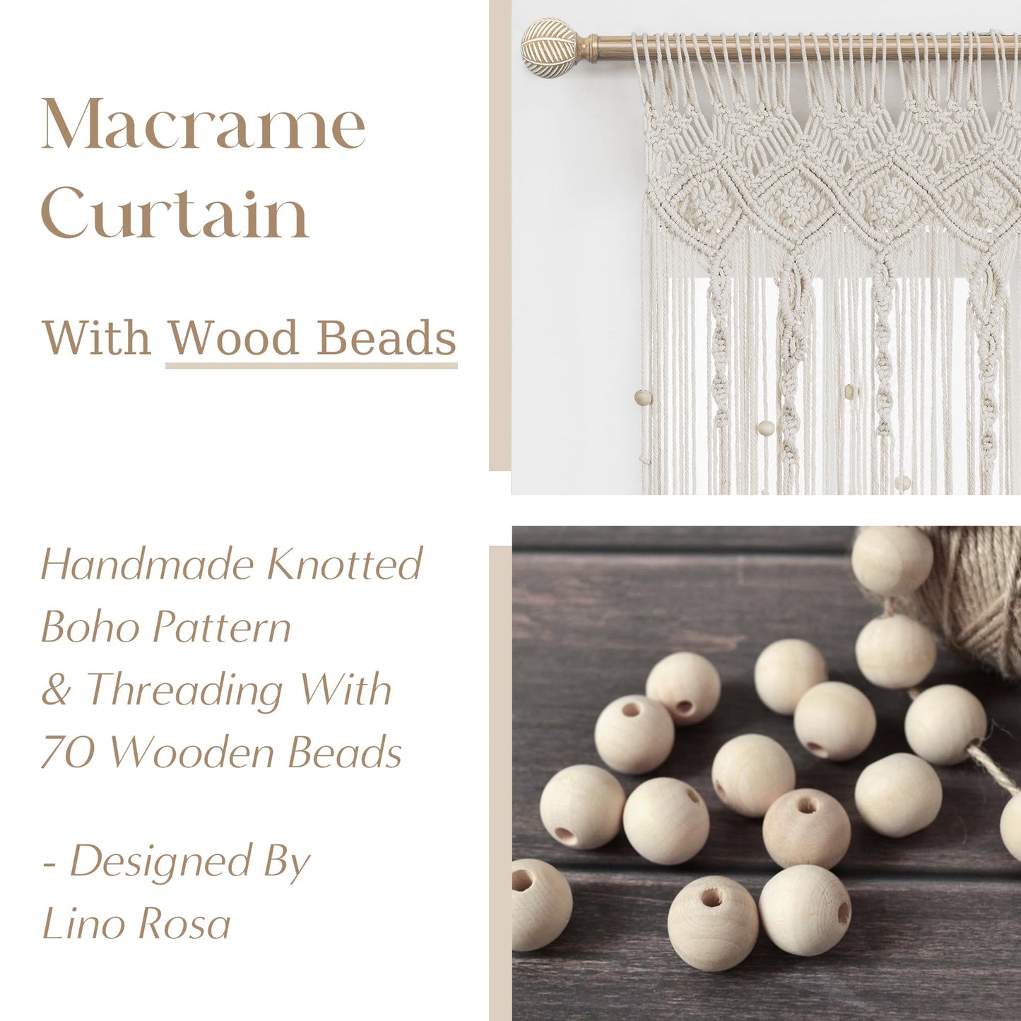 Lino Rosa Beaded Curtain for Doorway, Boho Beads Closet Curtain for Open Closet, Hanging Room Divider for Room Separation, 36" W x 80" L, Cream