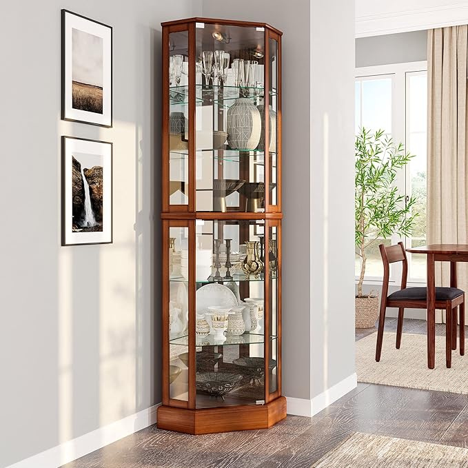 BELLEZE Lighted Curio Cabinet Corner Display Case