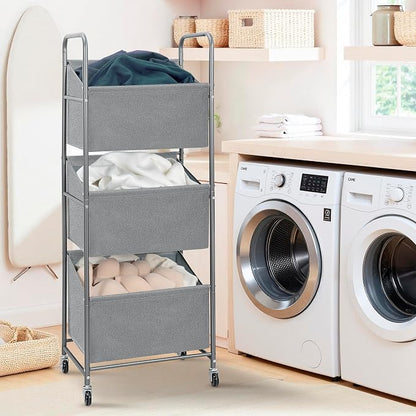 STO STO 3-Tier Vertical Laundry Hamper with Wheels, 120L Rolling Laundry Sorter with 3 Removable Waterproof Lined Bags, Rust-Resistant Steel Frame for Small Spaces, Apartment, Dorm, Gray Fabric