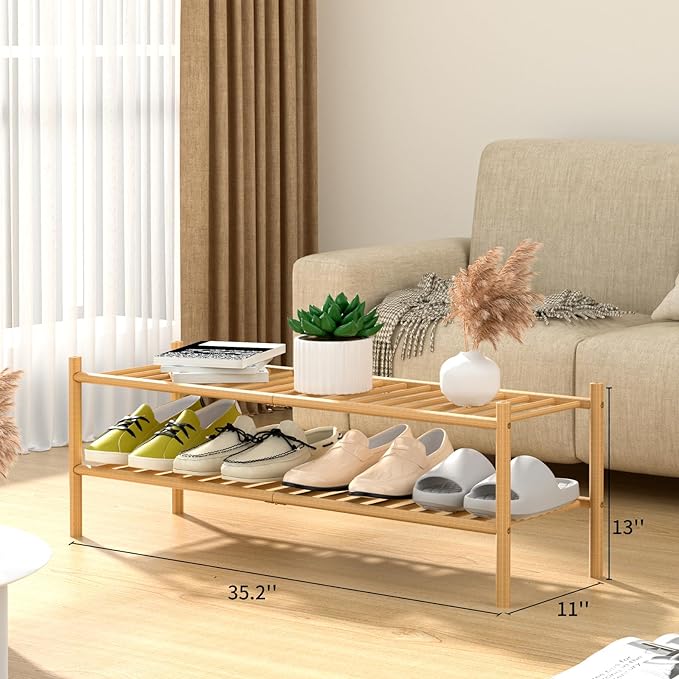 ROMGUAR CRAFT 2-Tier Bamboo Long Shoe Rack, Free Standing Wood Shoe Shelf