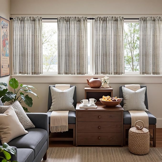 jinchan Striped Linen Kitchen Curtains 36 Inches Length Tier Curtains Farmhouse Modern Cafe Small Window Treatments Airy Light Filtering Rod Pocket for Living Room Bathroom 2 Panels Jet Black