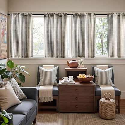 jinchan Striped Linen Kitchen Curtains 36 Inches Length Tier Curtains Farmhouse Modern Cafe Small Window Treatments Airy Light Filtering Rod Pocket for Living Room Bathroom 2 Panels Jet Black