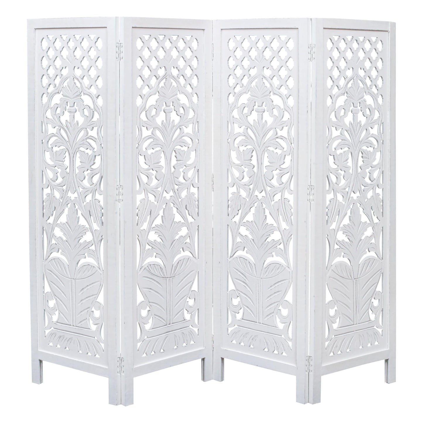 Room Divider Wood Screen Panel – White, 4-Panel Folding 64"x54", Hand-Carved, Reversible Privacy Partition, Decorative & Functional Portable Room Divider for Home or Office
