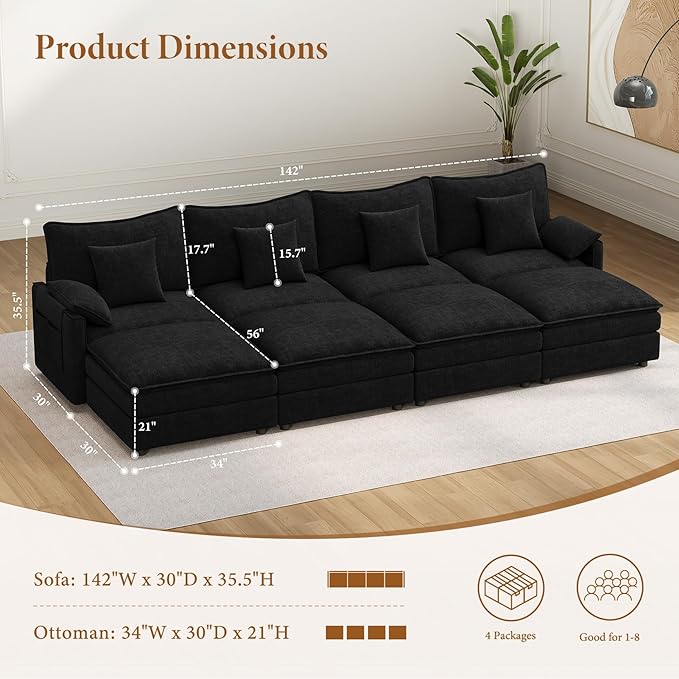 Vesgantti 142" Oversized Sectional Sofa Bed, 8-Seater Modular Sleeper Cloud