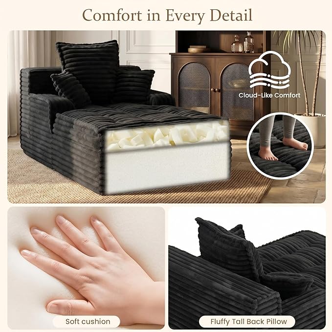 Boneless Chaise Lounge Couch Indoor, Small Corduroy Upholstered Sleeper Sofa