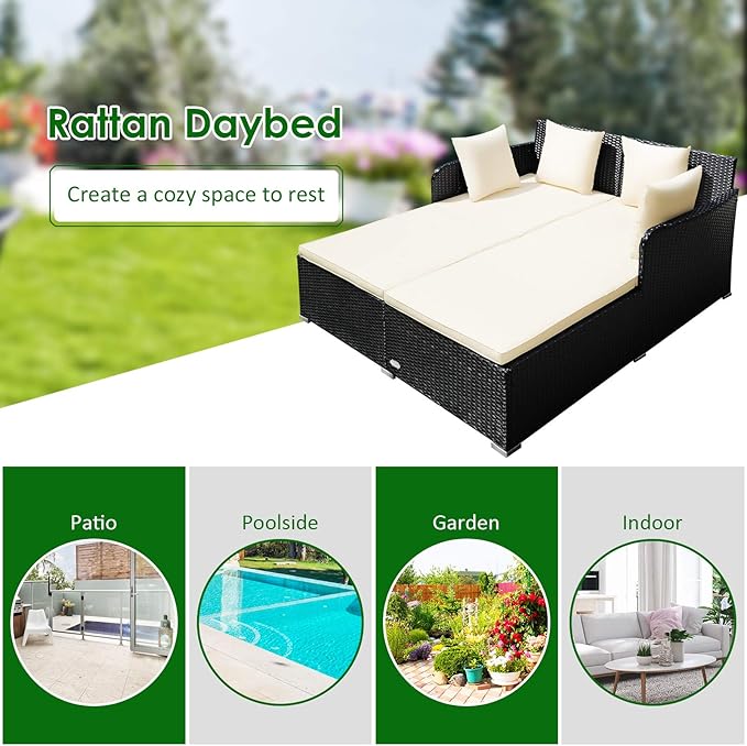 COSTWAY Outdoor Patio Rattan Daybed, Sponge Cushioned Loveseat Sofa