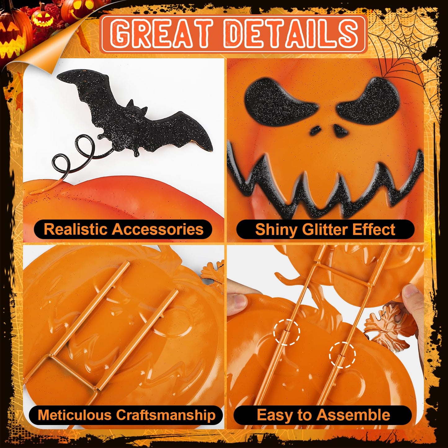 Halloween Garden Stakes, Stacked Metal Pumpkins Jack-o-Lantern Lawn Decor with Witch Hat, Shimmering Halloween Yard Signs Stake Decorative Pumpkin Stake for Outdoor Patio Pathway Home Decorations (A)