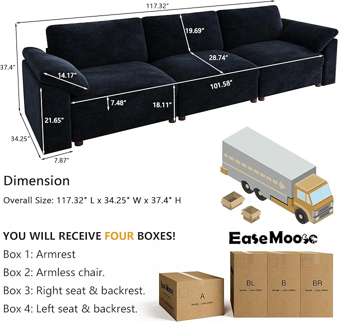 EASE MOOSE Modern 3 Seat Sectional Modular Sofa, FSC Certified Chenille Comfty