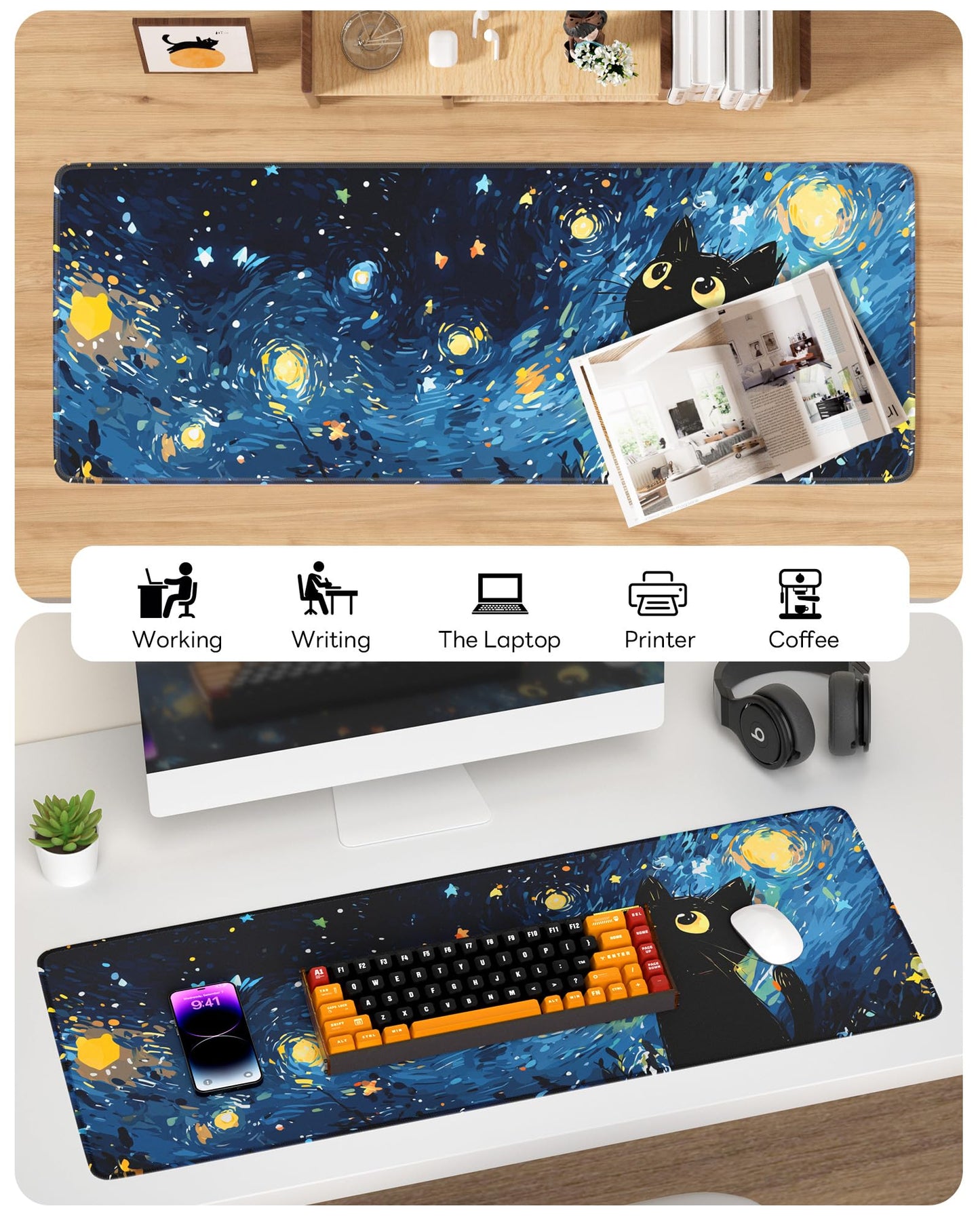 Velluxion Starry Night Cat Mouse Pad, 31.5 x 11.8 Large Desk Mat with Stitched Edges & Non-Slip Base, Mousepad for Office, Home, Work