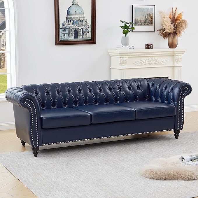 Mid-Century 3 Seater Sofa, Faux Leather Couch