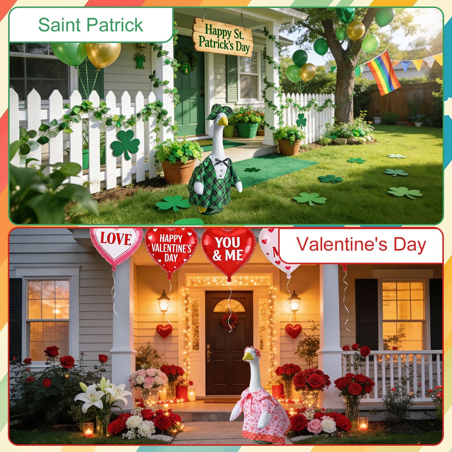 8 Set Porch Goose Outfits All Seasons Holiday Bundle, Valentine's Day, St. Patrick's, Easter, Independence, Back School, Halloween, Thanksgiving, Christmas Clothing for 23" Lawn Goose Patio Yard Deco