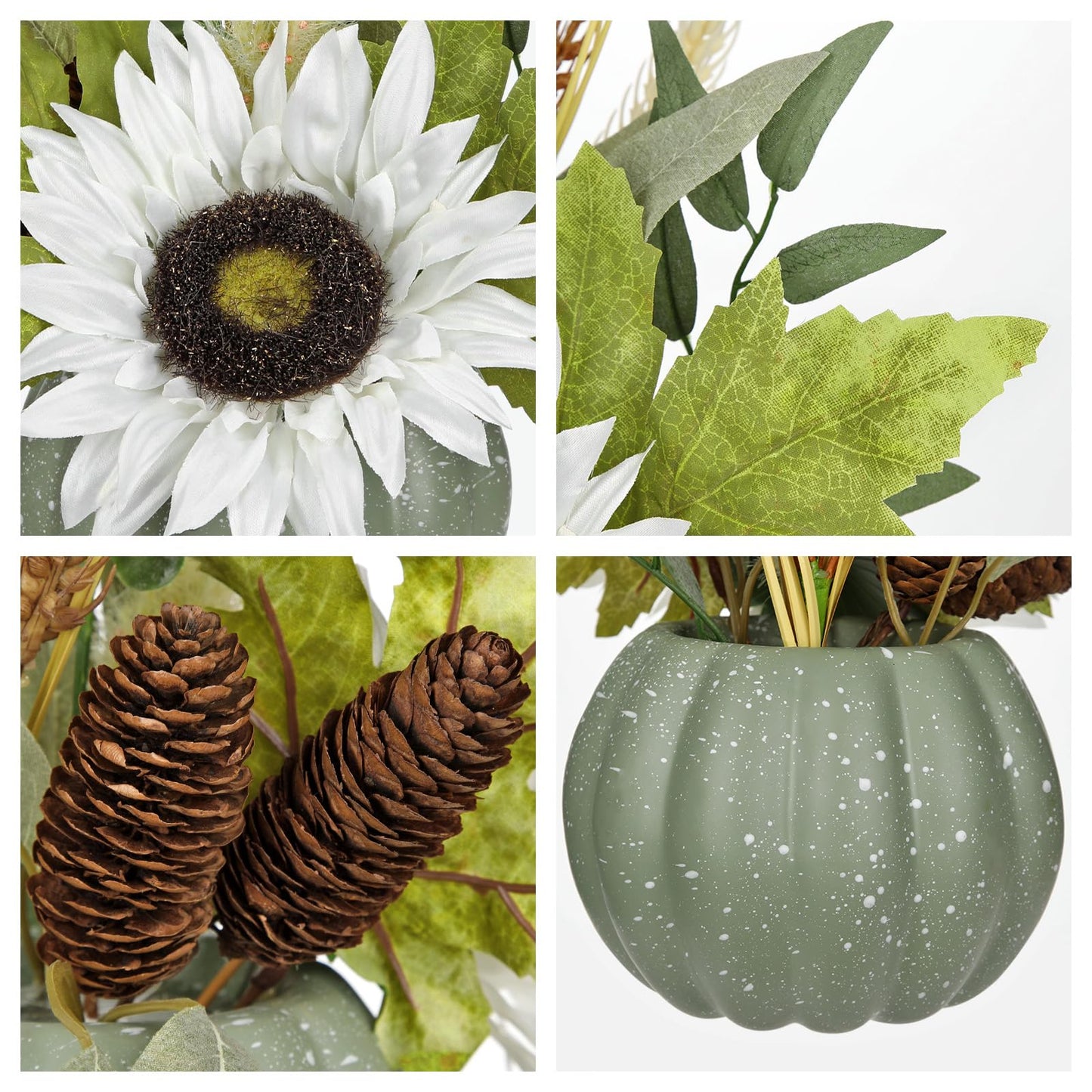 Artificial Pumpkin Floral Arrangement with White Sunflowers & Autumn Leaves – Fall Table Centerpiece for Thanksgiving, Halloween & Harvest Décor – Rustic Farmhouse Pumpkin Autumn Décor