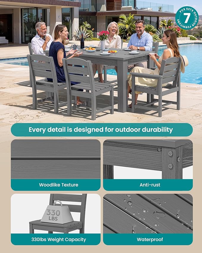 SERWALL HDPE Dining Set for 6: 1 Umbrella Hole Table, 4 Armless + 2 Armchairs.