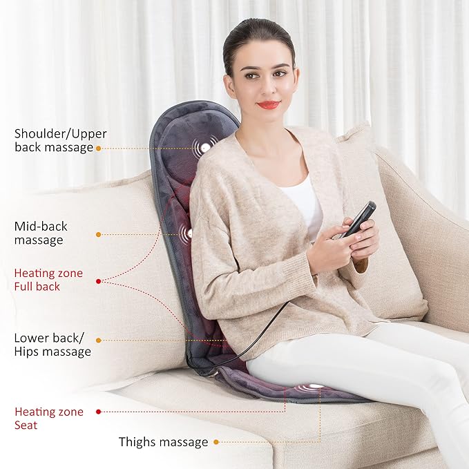 Snailax Back Massager with Heat, Vibration Massage Seat Cushion with 6 Vibrating Motors and 2 Heat Levels, Massage Chair Pad for Home Office use, Gifts for Him Her