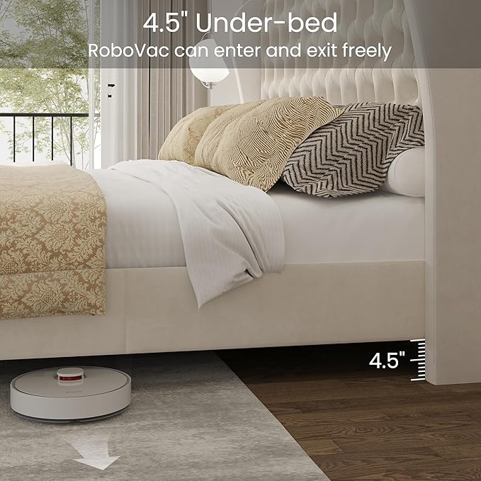 LARMACE King Size Bed Frame Velvet Upholstered Platform Bed