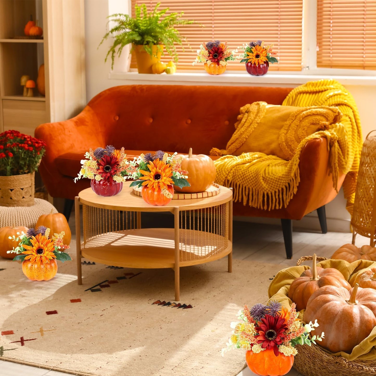 Set of 6 Mini Fall Pumpkin with Artificial Flower Decorations Thanksgiving Sunflower Centerpieces for Tables Harvest Fall Table Floral Decor Autumn Fireplace Mantle Living Room Home Kitchen Party