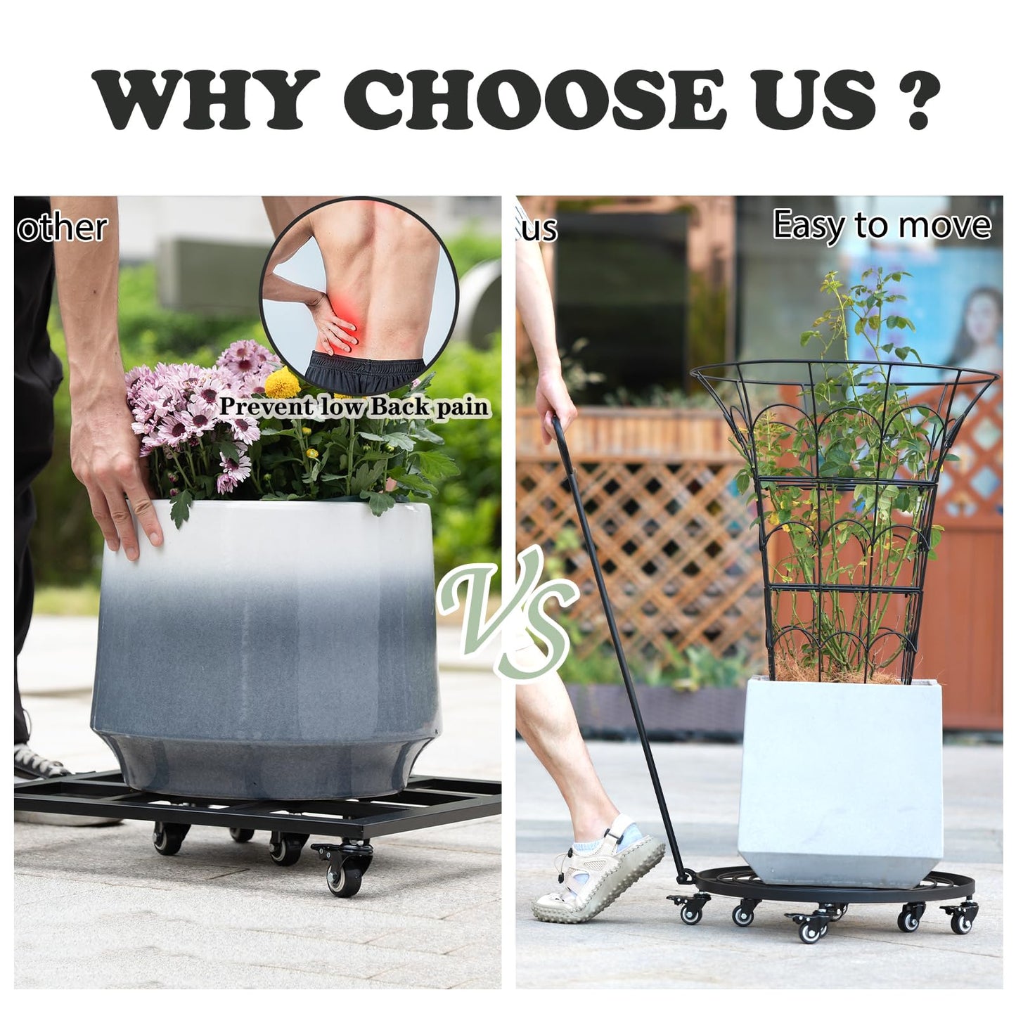 Goooxim 14" Plant Dolly with Wheels - Heavy Duty Rolling Planter Base, Lockable Wheels, Detachable Handle, Ideal for Indoor/Outdoor Use with Large Pots and Easy Transport Solutions