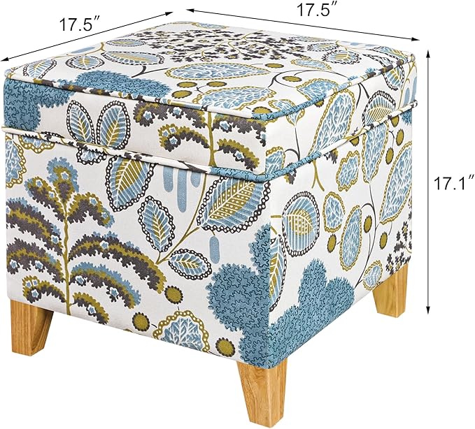 Adeco 18 Inch Linen Storage Ottoman Cube, Upholstered Footstool