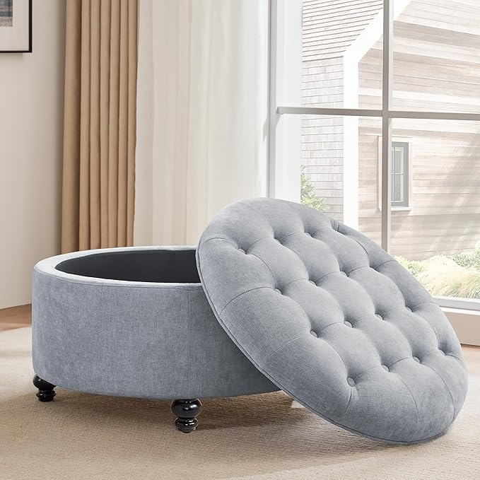 HUIMO 30-Inch Round Storage Ottoman, Modern Button Tufted Ottoman Coffee Table