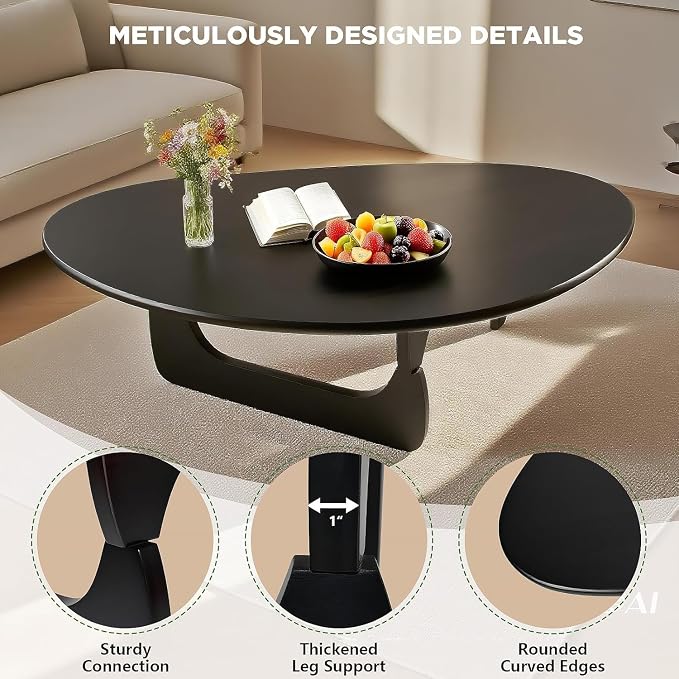 Solid Wood Triangle Coffee Table,Unique Mid Century Modern Oval Coffee Table,Irregular Geometric Tea Tables for Home Living Room with Wooden Tabletop and Reinforced Legs Black 43" L x 31" W x 16" H