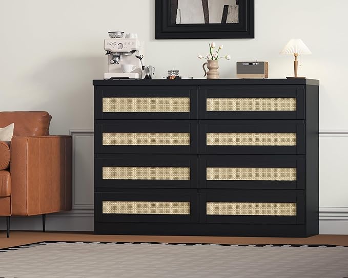 47 Inch Rattan 8 Drawer Dresser, Modern Farmhouse Chest of Drawers, Tv Stand