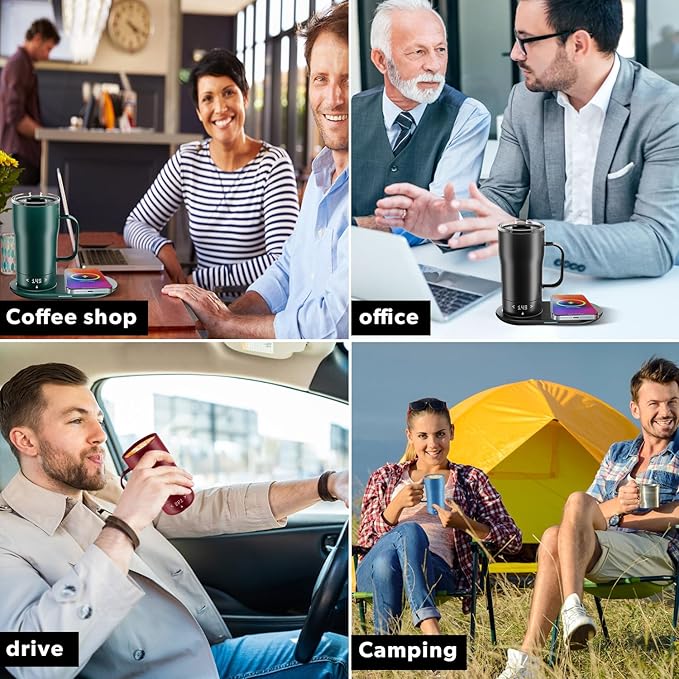 Smart Self Heating Coffee Mug 18 Oz Temperature Control Heated Coffee Mug App Controlled Warmer Mug 5-10 Hour LED Display Keep Coffee Hot All Day Fast Wireless Charger Base Jade Green