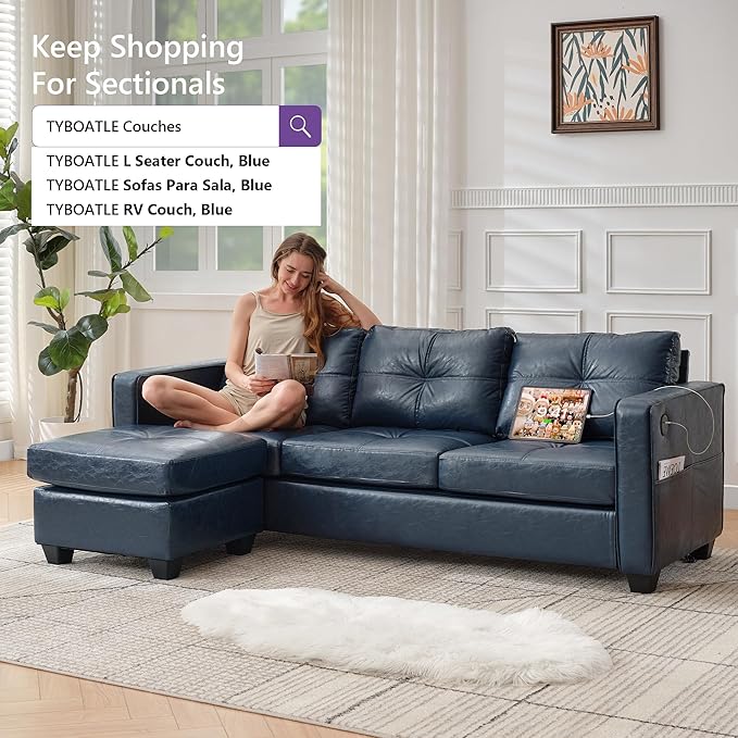 TYBOATLE 88" W Blue Faux Leather L Shaped Sectional Couches w/Side Pockets
