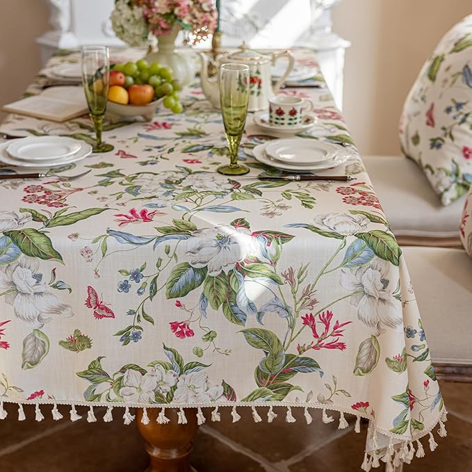VClife Vintage Floral Butterfly Pattern Tablecloth, Linen Textured Rectangle