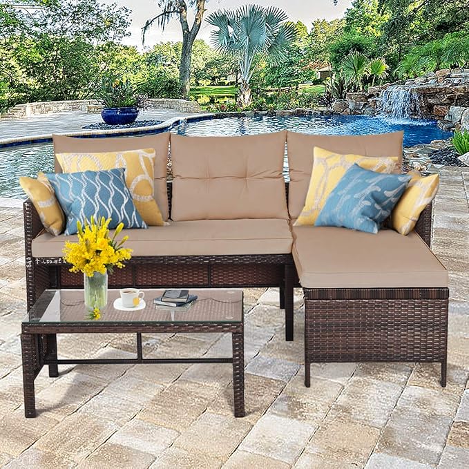 Tangkula Patio Corner Sofa Set 3 Piece, Outdoor Rattan Sofa Set, Includes