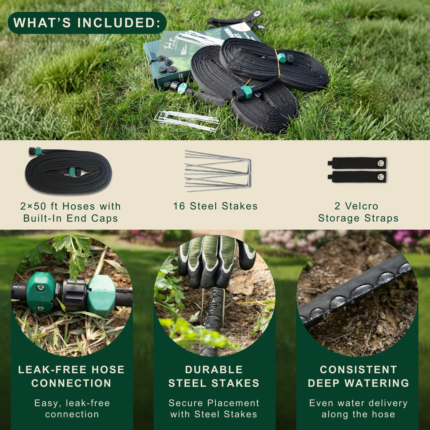 Better Botanicals 100 FT Flat Soaker Hose (2 x 50 FT) – Drip Irrigation for Garden Beds, Raised Beds & Landscaping – Kink-Resistant, Even Watering, Includes 16 Steel Stakes & Storage Straps