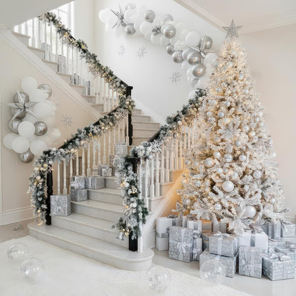 White Winter party decorations with Pearl White Silver Balloon Garland Arch & foil Star printed balloons Artificial Snowflakes for winter wonderland 1st birthday Christmas new year party decorations