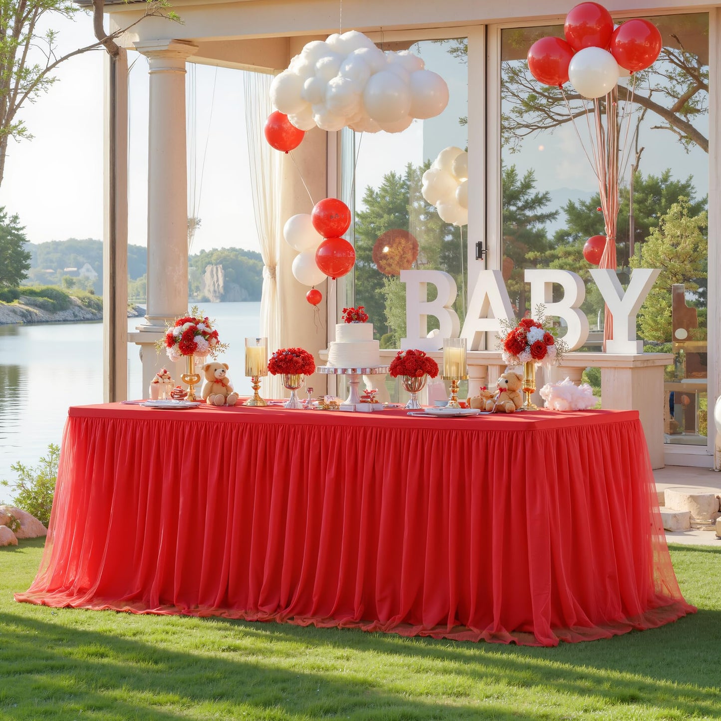 Little Funny Red Tablecloth Rectangle 6 Foot Fitted Stretch Elastic Tulle Ruffle Tablecloths Rectangular Spandex Table Covers 6ft Birthday Baby Shower Wedding Party Table Cloths with Skirt
