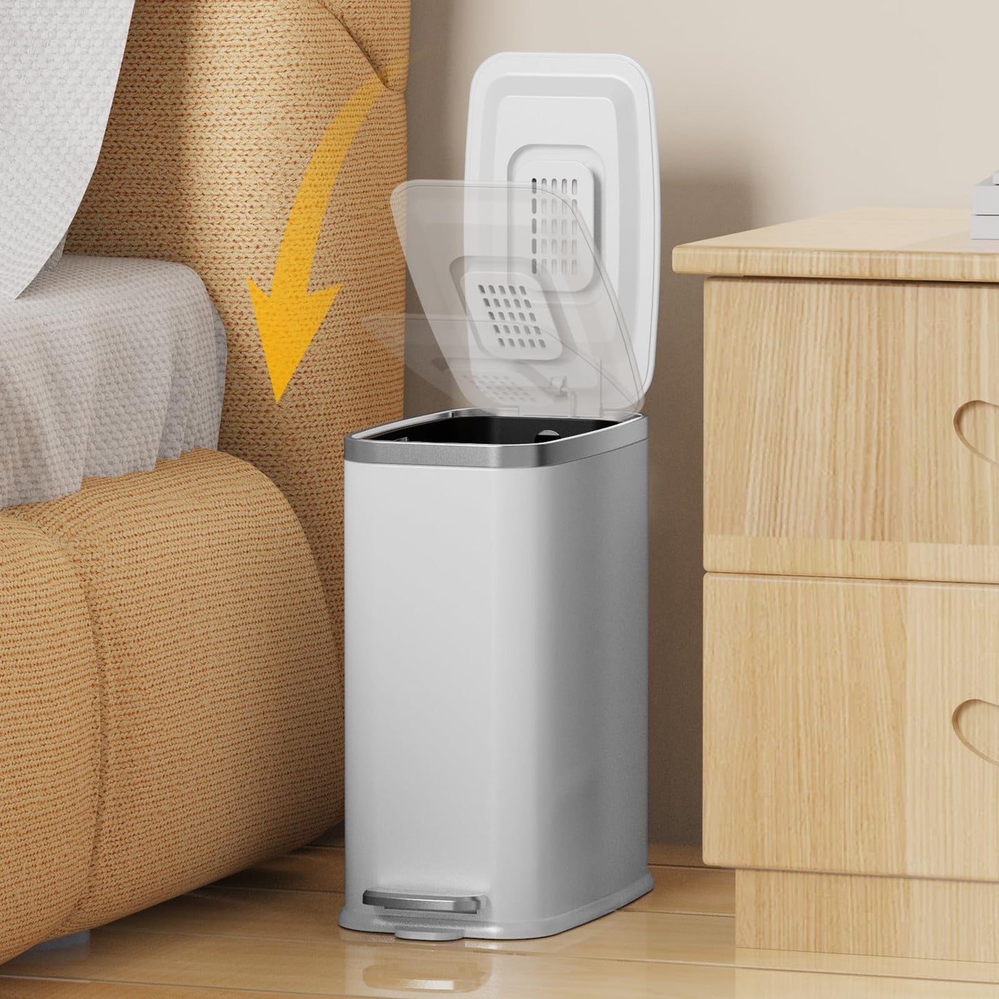 KdbK Stainless Steel Bathroom Trash Can with Lid Soft Close,1.6 Gallon Slim Garbage can,Small Metal Step Wastebasket for Office, Bedroom, Toilet, White